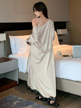DAZY مجموعة فستان نسائي كامي من الساتان للنوم، قميص نسائي من الساتان ذو فتحة العنق العميقة الخارجي وفستان قصير من الدانتيل المتباين