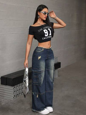 SHEIN ICON جينزات بجيوب جانبية وجيوب ممزقة
