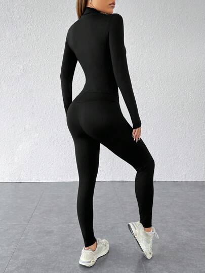 SHEIN PETITE ملابس رياضية مجموعة من قطعتين سوداء، جاكيت رياضية بسحاب وبنطلون ضيق