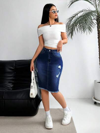 EMERY ROSE تنورة جينز نسائية بأزرار وحزام وتصميم ممزق موجود في الجيب، أزياء يومية