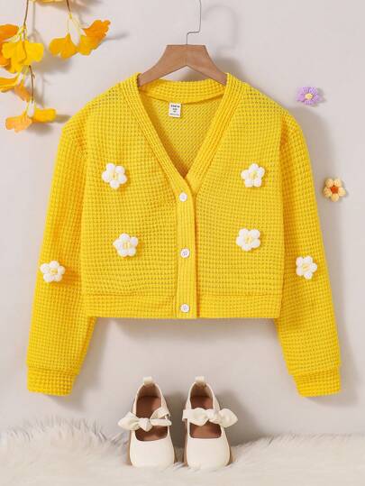 SHEIN Elladie kids معطف كردجان مصنوع من الأكريليك بنمط الزهور للفتيات المراهقات، ملابس كاجوال للخريف