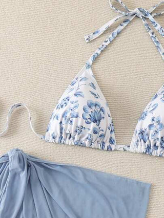 Swim Mod مجموعة بيكيني شاطئ صيفي مثلثي الشكل وياقة رسن طبعة زهور وتنورة شاطئ صلبة