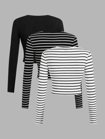 EZwear تيشيرت نسائي بأكمام طويلة مقصوص بقصّة عصرية وياقة دائرية ضيقة 3 قطع، عارضة للارتداء اليومي