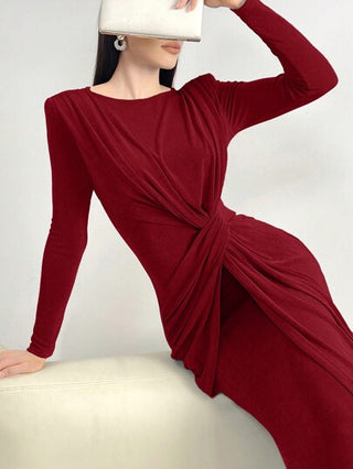 Modelyn فستان نسائي طويل بياقة مستديرة وأكمام طويلة بلون أحمر داكن مع طيات في الخصر وعقدة مفتوله، فستان سهرة أنيق ورشيق