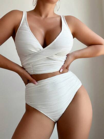 طقم تانكيني حريمي Swim طقم بكيني بخصر عالي لون سادة للنساء ملائم للصيف والشاطئ