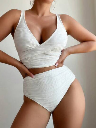 طقم تانكيني حريمي Swim طقم بكيني بخصر عالي لون سادة للنساء ملائم للصيف والشاطئ