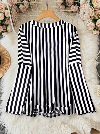 LUNE قميص نسائي بنمط V-Neck A-Line مخطط للصيف
