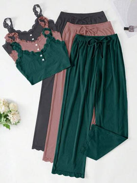 SHEIN 3 طقم للنساء من الألوان موحد اللون تتكون من قطعتين، ملابس علوية كروب بحمالات رفيعة مزينة بالدانتيل وسروال لبس المنزل والاسترخاء
