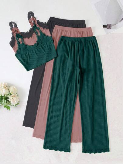 SHEIN 3 طقم للنساء من الألوان موحد اللون تتكون من قطعتين، ملابس علوية كروب بحمالات رفيعة مزينة بالدانتيل وسروال لبس المنزل والاسترخاء