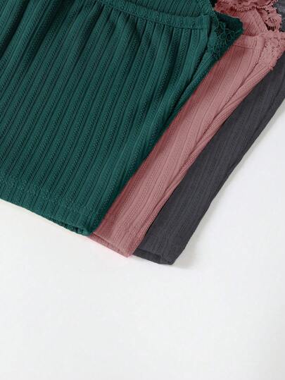 SHEIN 3 طقم للنساء من الألوان موحد اللون تتكون من قطعتين، ملابس علوية كروب بحمالات رفيعة مزينة بالدانتيل وسروال لبس المنزل والاسترخاء