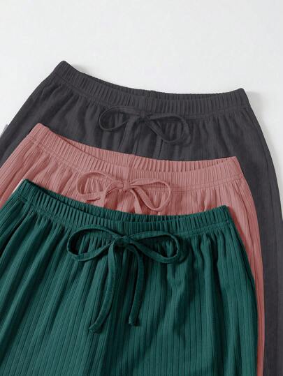 SHEIN 3 طقم للنساء من الألوان موحد اللون تتكون من قطعتين، ملابس علوية كروب بحمالات رفيعة مزينة بالدانتيل وسروال لبس المنزل والاسترخاء