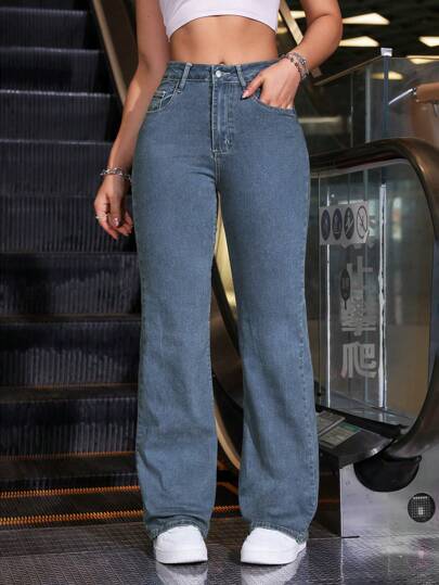 SHEIN ICON سراويل نسائية كاجوال يومية ذات جينز طويل ، أزرار شتوية كاجوال ، جيب ، سحاب ، ساقين طبيعيتين مستقيمتين طويلتين غسيل متوسط ، ناعم ، قياس عادي ، سراويل نسائية كاجوال لارتداء يومي
