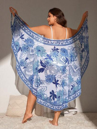Swim Lushoire غطاء كيمونو مطبوع برسوم أزهار وتنين خرافي لأحجام كبيرة للنساء، ثوب غطاء شاطئ طويل للاستخدام في الحمام والعطلات الصيفية