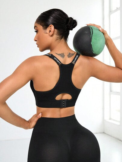 Gameset SHEIN Sport حمالة صدر رياضية نسائية بدون درزات وحمالة محبوكة بالأحرف الأجنبية، للارتداء اليومي