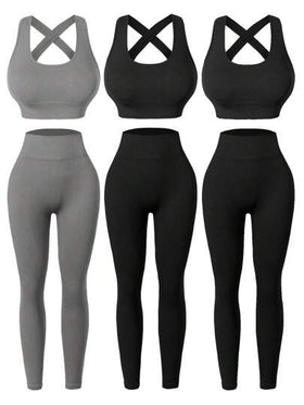 Easithlete بذلة رياضية للسيدات بياقة دائرية واربطة متقاطعة مناسبة الحجم، سروال يوجا بخصر عالي، مجموعة ملابس رياضية للنساء، طقم سروال ضيق للجيم