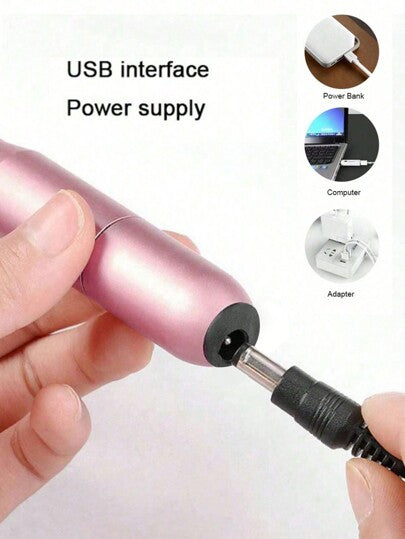 مانيكير كهربائي - ملف أظافر كهربائي، مشغل بواسطة USB، 6قطع من رؤوس ماكينة الأظافر، مناسب للاستخدام المنزلي أو صالون الأظافر، قلم تلميع مناكير كهربائي صغير محمول