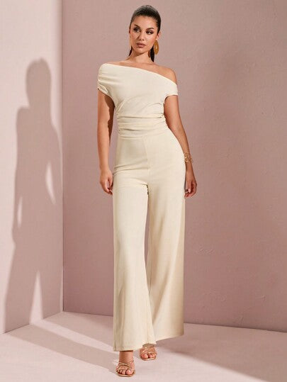 SHEIN BAE جمبسوت نسائية برجل واسع مجعدة على الكتف غير متماثلة، ملابس خروج لحفلة بالحمام وعطلة صيفية على الشاطئ
