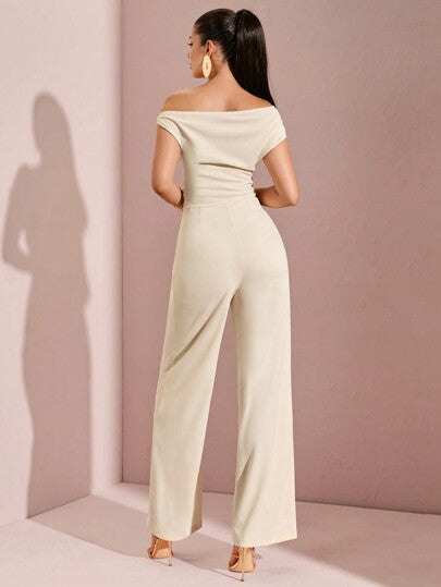 SHEIN BAE جمبسوت نسائية برجل واسع مجعدة على الكتف غير متماثلة، ملابس خروج لحفلة بالحمام وعطلة صيفية على الشاطئ