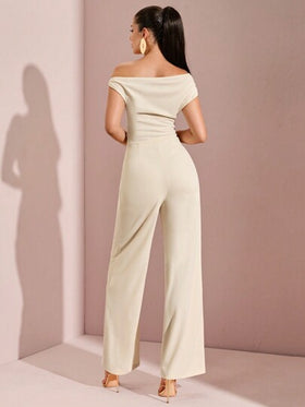 SHEIN BAE جمبسوت نسائية برجل واسع مجعدة على الكتف غير متماثلة، ملابس خروج لحفلة بالحمام وعطلة صيفية على الشاطئ