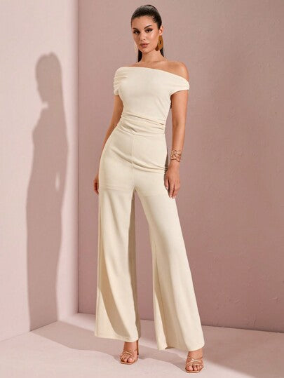 SHEIN BAE جمبسوت نسائية برجل واسع مجعدة على الكتف غير متماثلة، ملابس خروج لحفلة بالحمام وعطلة صيفية على الشاطئ