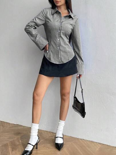 Flirla قميص نسائي بتصميم رفيع وأكمام طويلة بنمط مخطط، ملابس علوية بأكمام طويلة ، ملابس رمضان