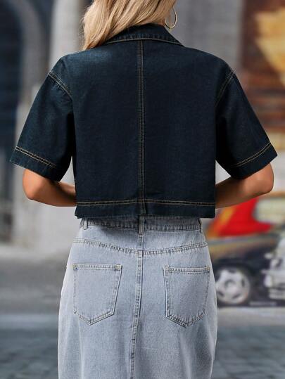 Essnce جاكيت دنيم ذات أكمام قصيرة وجيبين مزدوجين للنساء ، صيفية