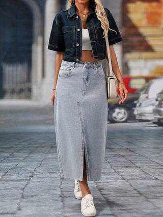 Essnce جاكيت دنيم ذات أكمام قصيرة وجيبين مزدوجين للنساء ، صيفية