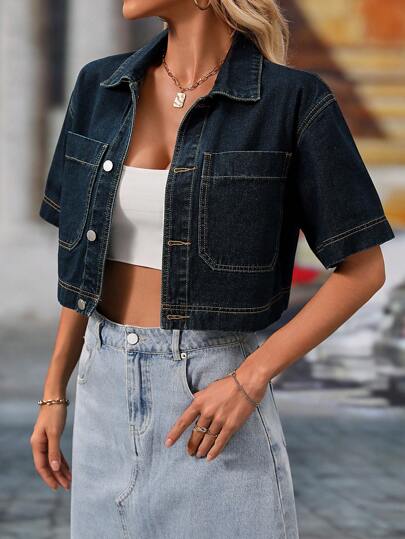 Essnce جاكيت دنيم ذات أكمام قصيرة وجيبين مزدوجين للنساء ، صيفية