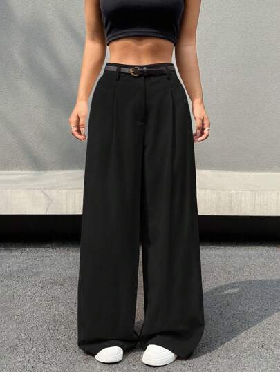 EZwear بنطلون ذو خصر عالٍ، بحزام ، ذو ساق واسعة، مثالي للأوقات الحرة، للسيدات في الربيع/الخريف ، عصري ، أزرار ، جيوب ، سوستة ، ساق مستقيمة طبيعية ، ساق واسعة طويلة سائبة للنساء ، ملابس يومية عادية