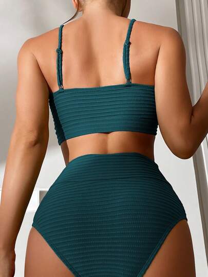 Swim Basics مجموعة بيكيني جذابة باللون الصلب الملتوي للصدر للنساء في الصيف على الشاطئ