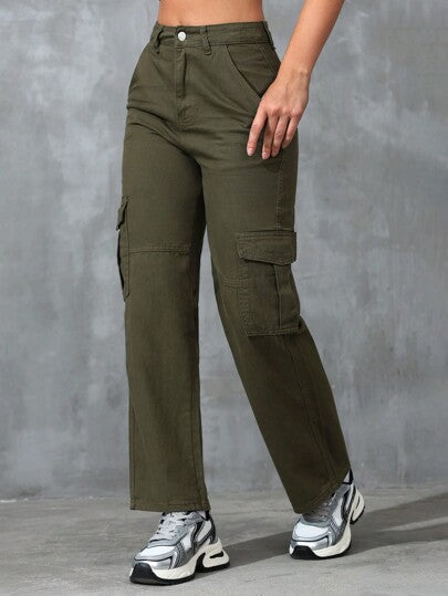 SHEIN EZwear بنطلون جينز عارض للنساء بقصة فضفاضة وقاع مستقيم وجيوب، بأسلوب ملابس العمل