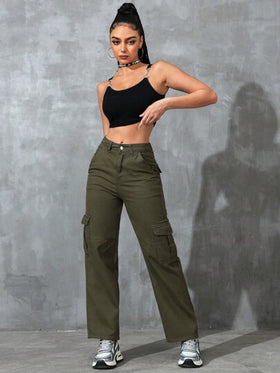 SHEIN EZwear بنطلون جينز عارض للنساء بقصة فضفاضة وقاع مستقيم وجيوب، بأسلوب ملابس العمل