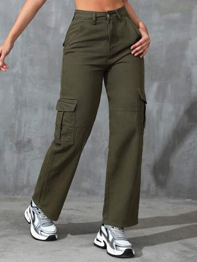 SHEIN EZwear بنطلون جينز عارض للنساء بقصة فضفاضة وقاع مستقيم وجيوب، بأسلوب ملابس العمل