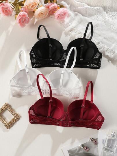 Shein Underwear&Sleepwear Basics صدرية نسائية صلبة اللون مع حواف دانتيل وأسلاك داخلية مقاس بي، حزمة من 3