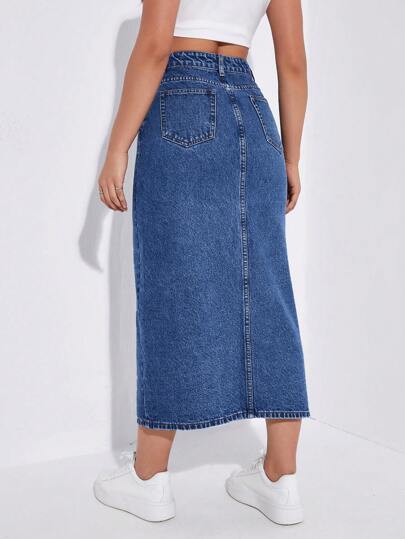 EZwear تنورة جينز نسائية قطعة سستة طويلة بجيوب أمامية مفتوحة