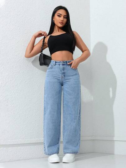 SHEIN ICON بنطلون جينز نسائي فضفاض القصة واسع الساق مع جيوب