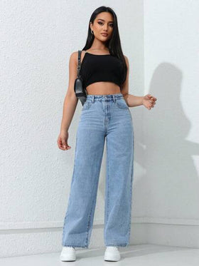 SHEIN ICON بنطلون جينز نسائي فضفاض القصة واسع الساق مع جيوب