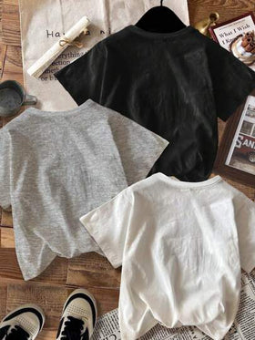 SHEIN مجموعة من 3 تي شيرت برقبة دائرية وأكمام قصيرة مطبوع عليها سيارات ودراجات نارية عتيقة، كاجوال ورجعي للأولاد المراهقين، صيفية.