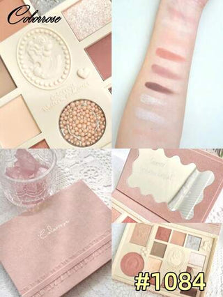 COLORROSE لوحة مكياج مضغوطة بنقوش، ظلال عيون بودرة ماتي لامع، شديدة الصبغة عالية اللمعان وطويلة الاستمرارية، حريرية خفيفة ناعمة، مع مرآة، بالإضافة إلى بودرة إبراز ومُصحَّح ومخدَّر لوحة مكياج كاملة