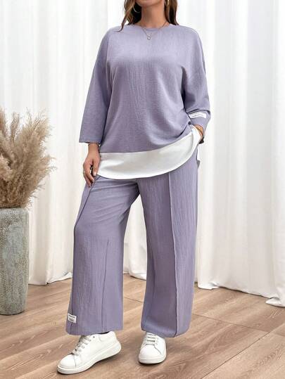 SHEIN Essnce مجموعة قطعتين بنسيج مزخرف مكونة من بلوزة طويلة الأكمام فضفاضة وبنطلون، بمظهر أرجواني ، ملابس للمدرسة ، ملابس للمدرسين ، أزواج متناسقة ، ملابس الأم والابنة