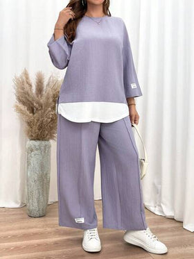 SHEIN Essnce مجموعة قطعتين بنسيج مزخرف مكونة من بلوزة طويلة الأكمام فضفاضة وبنطلون، بمظهر أرجواني ، ملابس للمدرسة ، ملابس للمدرسين ، أزواج متناسقة ، ملابس الأم والابنة
