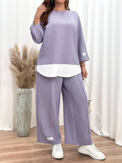 SHEIN Essnce مجموعة قطعتين بنسيج مزخرف مكونة من بلوزة طويلة الأكمام فضفاضة وبنطلون، بمظهر أرجواني ، ملابس للمدرسة ، ملابس للمدرسين ، أزواج متناسقة ، ملابس الأم والابنة