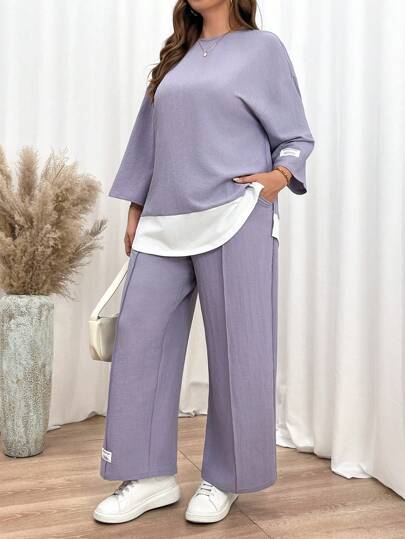 SHEIN Essnce مجموعة قطعتين بنسيج مزخرف مكونة من بلوزة طويلة الأكمام فضفاضة وبنطلون، بمظهر أرجواني ، ملابس للمدرسة ، ملابس للمدرسين ، أزواج متناسقة ، ملابس الأم والابنة