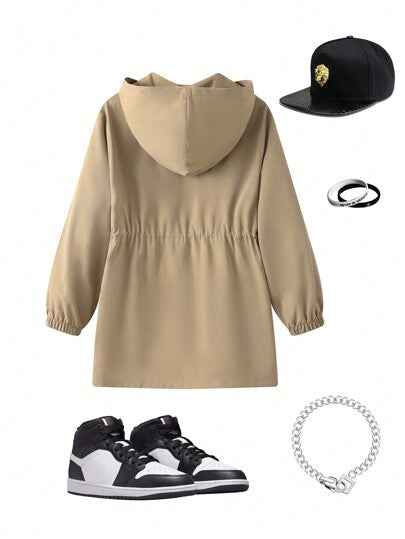 SHEIN معطف رياح متوسط الطول مع جيوب وسحاب وأزرار على شكل أنف ، كاجوال مناسب للمراهقين الذكور في فصلي الخريف والشتاء، للمدرسة والمنزل والاستخدام اليومي والرياضة، متعدد الاستخدامات وبسيط