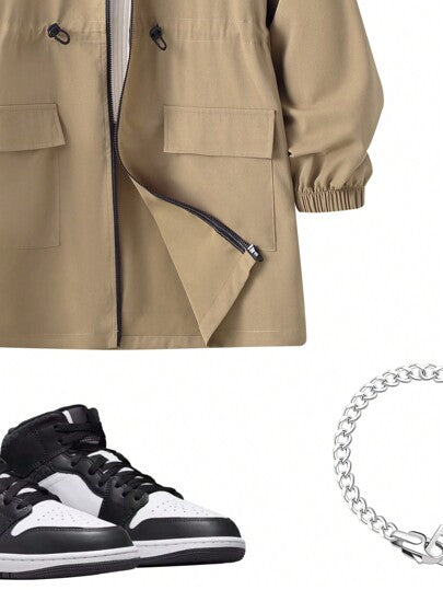 SHEIN معطف رياح متوسط الطول مع جيوب وسحاب وأزرار على شكل أنف ، كاجوال مناسب للمراهقين الذكور في فصلي الخريف والشتاء، للمدرسة والمنزل والاستخدام اليومي والرياضة، متعدد الاستخدامات وبسيط