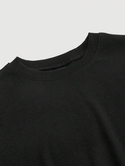 SHEIN MOD فستان قصير أسود منسوج بنمط عظمة السمك بأكمام قصيرة و طول متوسط