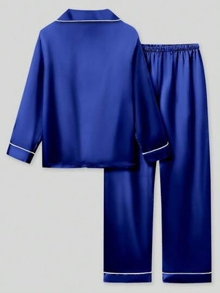 بيجاما طقم بيجاما بنات 2قطعة لسن المراهقة، توب بأكمام طويلة وبنطلون، اللون الأزرق الداكن
