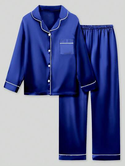 بيجاما طقم بيجاما بنات 2قطعة لسن المراهقة، توب بأكمام طويلة وبنطلون، اللون الأزرق الداكن