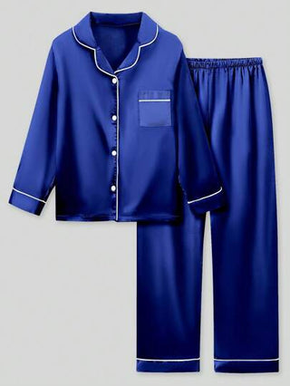 بيجاما طقم بيجاما بنات 2قطعة لسن المراهقة، توب بأكمام طويلة وبنطلون، اللون الأزرق الداكن