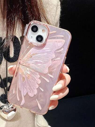 قضية واقية من الفضة المطلية بالذهب بتصميم الفراشة المتوافقة مع هواتف iPhone 15 Pro Max/14 Pro، من مواد السيليكون الحماية لتغطية كاملة، مقاومة للصدمات وتصميم أنيق، متوافقة مع طرازات iPhone 13 Pro/12